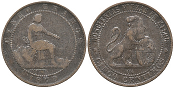 ИСПАНИЯ 5 САНТИМОВ 1870 ОМ KM 662 (Y53) медь 34-321