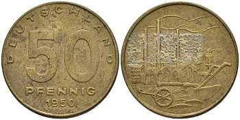 ГДР 50 пфеннигов 1950 А, фабрика KM 4 алюминиевая бронза 4575-513