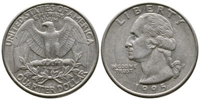 США 25 центов (квотер) 1995 Р, Вашингтон КМ А164а медь плакированная медно-никелем 56-1221