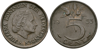 Нидерланды 5 центов 1953 Юлиана (1948-1980) KM 181 бронза 95-255