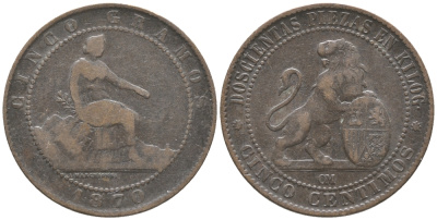 ИСПАНИЯ 5 САНТИМОВ 1870 ОМ KM 662 (Y53) медь 34-321