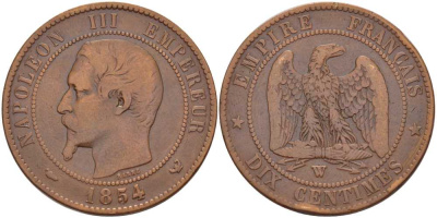 ФРАНЦИЯ 10 САНТИМОВ 1854 W, НАПОЛЕОН III (1852-1870) KM 771.7, LE FRANC 133.17 бронза 4389-132