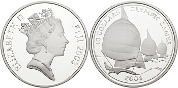 ФИДЖИ 10 ДОЛЛАРОВ 2003 XXVIII ОЛИМПИЙСКИЕ ИГРЫ, АФИНЫ 2004 ГОД, РЕГАТА KM 109 серебро PROOF 1074-9-21