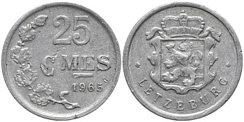 ЛЮКСЕМБУРГ 25 САНТИМОВ 1965 KM 45а.1 алюминий 112-656