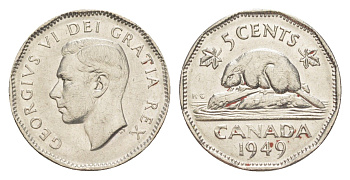 Канада 5 центов 1949 бобр, Георг VI (1937-1952) KM 42 никель 4639-428