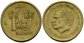 Швеция 10 крон 1991 Карл XVI Густав (1973- ) KM 877 Нордик 4138-845