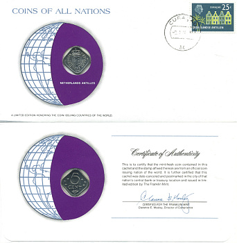 Нидерландские Антилы 5 центов 1982 конверт с маркой первого дня гашения, Coins of Nations Беатрикс (1980-2013) KM 13 медно-никель UNC 4294-70-2