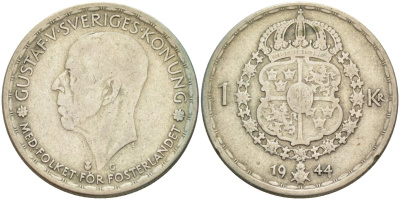 Швеция 1 крона 1944 G, Густав V (1907-1950) KM 814 серебро 85-815