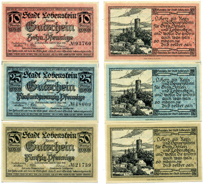 БАД-ЛОБЕНШТАЙН НАБОР ИЗ 3 БАНКНОТ 1919 15 СЕНТЯБРЯ 1919, НОТГЕЛЬД (10, 25, 50 ПФЕННИГОВ), ЗЕМЛЯ ТЮРИНГИЯ Grabowski L55.2 бумага 2193-6-4-1