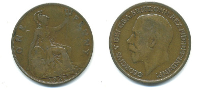 Великобритания 1 пенни 1921 Георг V (1910-1936) KM 810, Spink 4051 бронза 54-2457