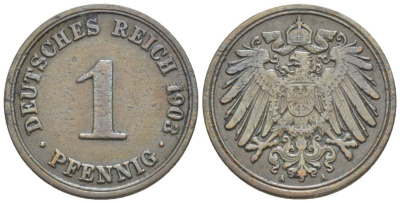 ГЕРМАНИЯ 1 ПФЕННИГ 1903 A KM 10, Jager. 10, Weege 2 медь 4528-1216