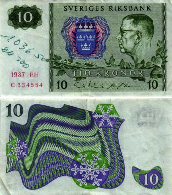 ШВЕЦИЯ 10 КРОН 1987 СЕРИЯ EH, КОРОЛЬ ГУСТАВ VI АДОЛЬФ Pick 52е бумага VF 7147-19-2-1