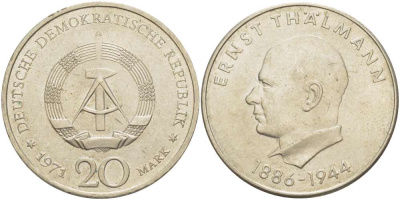 ГДР 20 марок 1971 A, 85 лет со дня рождения Эрнста Тельмана KM 34, J. 1535 медно-никель 4521-414