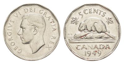 Канада 5 центов 1949 бобр, Георг VI (1937-1952) KM 42 никель 4639-428