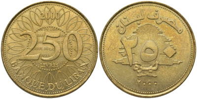 Ливан 250 ливров 2000 KM 36 медь алюминий никель UNC 4513-525