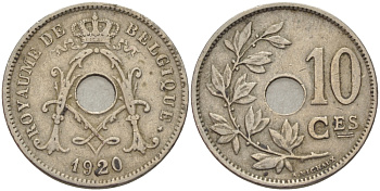 БЕЛЬГИЯ 10 САНТИМОВ 1920 BELGIQUE KM 85.1 медно-никель 24-335