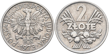 Польша 2 злотых 1973 MW, Народная Республика KM 46, Parchimowicz 216g алюминий 4398-241