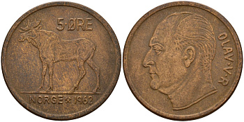 Норвегия 5 эре 1962 KM 405 бронза 4159-652