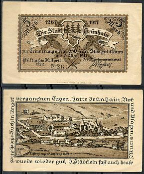 Германия, Грюнхайн 5 марок 1922 нотгельд, 03.05.1917 Grabowski 491.1  бумага  UNC (пресс) 444-88-3-1