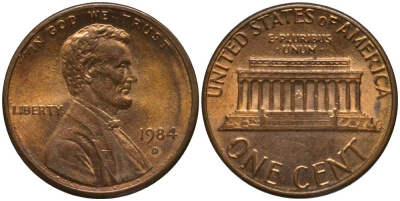 США 1 ЦЕНТ 1984 D, ЛИНКОЛЬН KM 201b цинк плакированный медью 4547-656