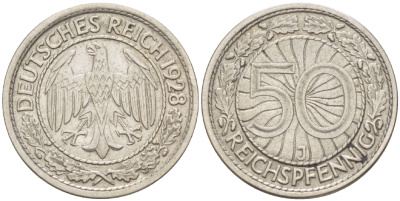 Германия 50 рейхспфеннигов 1928 J KM 49, J. 324, Weege 13 никель 4182-722