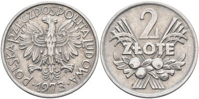 Польша 2 злотых 1973 MW, Народная Республика KM 46, Parchimowicz 216g алюминий 4398-241