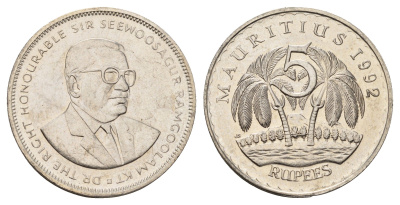 Маврикий 5 рупий 1992 KM 56 медно-никель UNC 4661-335