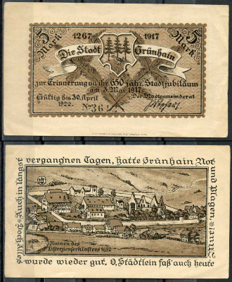 Германия, Грюнхайн 5 марок 1922 нотгельд, 03.05.1917 Grabowski 491.1  бумага  UNC (пресс) 444-88-3-1
