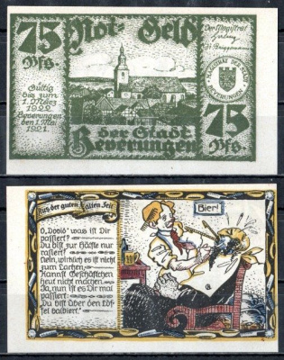Беверунген (Пруссия, Вестфалия) 75 пфеннигов 1921 Mehl Grabowski 99.3-2/3 бумага UNC (пресс) 7556-52-4-2