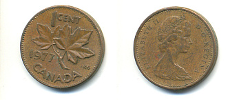 Канада 1 цент 1977 Елизавета II (1952-2022), кленовый лист KM 59.1 бронза 177-1351