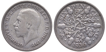 Великобритания 6 пенсов 1936 Георг V (1910-1936) KM 832, Spink 4041 серебро 4124-734