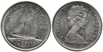 КАНАДА 10 ЦЕНТОВ 1978 ЕЛИЗАВЕТА II (1952-), ПАРУСНИК, ВТОРОЙ ПОРТРЕТ В КОРОНЕ KM 77.1 никель 4532-823