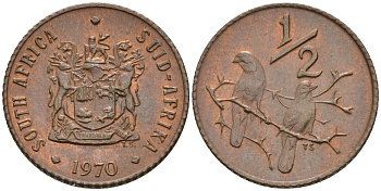ЮАР 1/2 цента 1970 два капских воробья на ветке KM 81 бронза UNC 4588-1245
