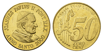 Ватикан 50 евроцентов 2000 пробник, Иоанн Павел II латунь UNC 4670-1027