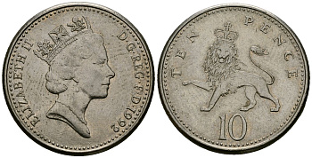 Великобритания 10 пенсов 1992 Елизавета II (1952-2022) KM 938b, Spink 4367 (F4) медно-никель 4138-755