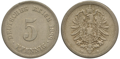 Германия 5 пфеннигов 1888 D, старогербовка KM 3, J. 3 медно-никель 413-5224