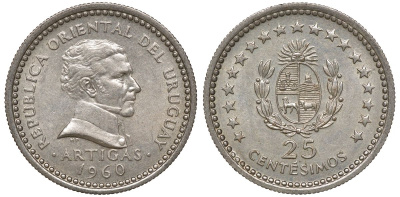 Уругвай 25 сентесимо 1960 KM 40 медно-никель 4169-843