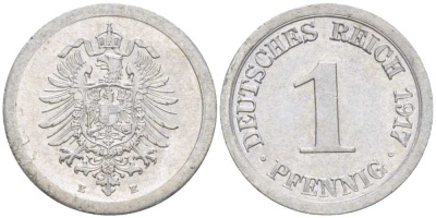 Германия 1 пфенниг 1917 E KM 24, J. 300, Weege 2 алюминий 206-1064