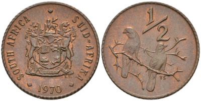 ЮАР 1/2 цента 1970 два капских воробья на ветке KM 81 бронза UNC 4588-1245
