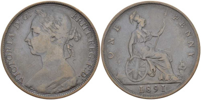 Великобритания 1 пенни 1891 Виктория (1837-1901) KM 755, Spink 3954 бронза 441-1141