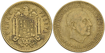 Испания 1 песета 1966 (74) Франсиско Франко (1939-1975) KM 796 алюминиевая бронза 4604-416