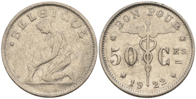 Бельгия 50 сантимов 1920 BELGIQUE KM 87 никель 188-454