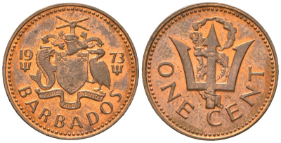 Барбадос 1 цент 1973 сломанный трезубец Британии KM 10 бронза aUNC 4609-1169