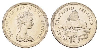 Фолклендские острова (Фолкленды) 10 пенсов 1998 Елизавета II (1952-2022), южные морские котики KM 5.2 медно-никель  UNC  4675-544