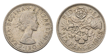 Великобритания 6 пенсов 1965 Елизавета II (1952-2022) KM 903, Spink 4149 медно-никель 4696-832