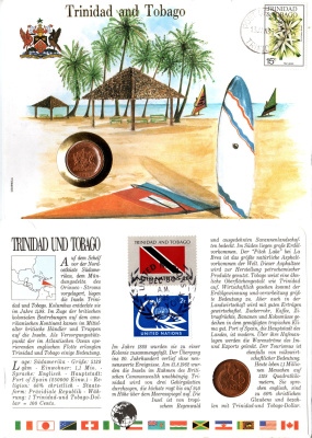 Тринидад и Тобаго 5 центов 1979 в конверте с маркой (КПД - Конверт первого дня Гашения) KM 30 бронза UNC 9001-43