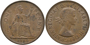 Великобритания 1 пенни 1966 Елизавета II (1952-2022) КМ 897, Spink 4157 бронза 115-446