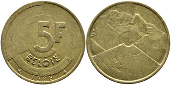 БЕЛЬГИЯ 5 ФРАНКОВ 1986 BELGIE KM 164 латунь или алюминиевая бронза 4390-1133