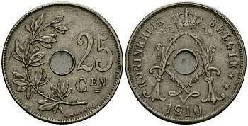Бельгия 25 сантимов 1910 Belgie KM 69 медно-никель 4165-731