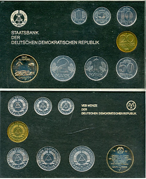 ГДР официальный набор из 8 монет включая 5 марок Дрезден, разрушенная Фрауенкирхе 1985 тираж 6000 экземпляров, твердый пластик KM MS10   UNC  8-2-04-11